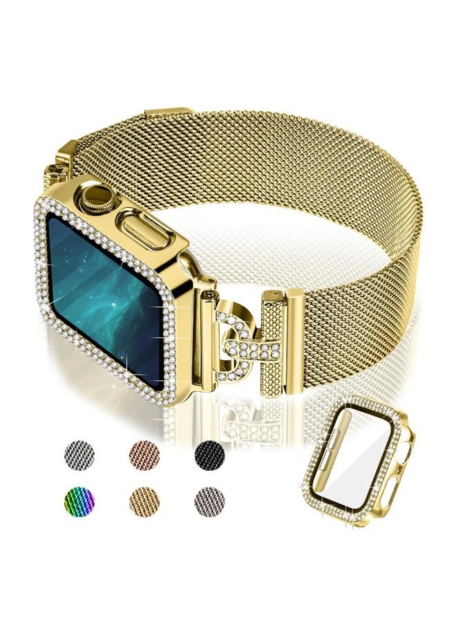 Joyozy Magnetic Band Compatible with Apple Watch Band 38mm 40mm 41mm 42mm 44mm 45mm 46mm Milanese Strap with Bling Glitter Case and Screen Protector Dressy Stainless Steel iWatch Loop for Women (Gold - Image 1