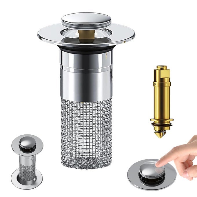 POP UP BATHROOM SINK DRAIN STRAINER HAIR CATCHER SINK DRAIN STOPPER WITH REMOVABLE STAINLESS STEEL FILTER BASKET FOR US UNIVERSAL BATHROOM KITCHEN BASIN SINK STOPPER REPLACEMENT SILVER