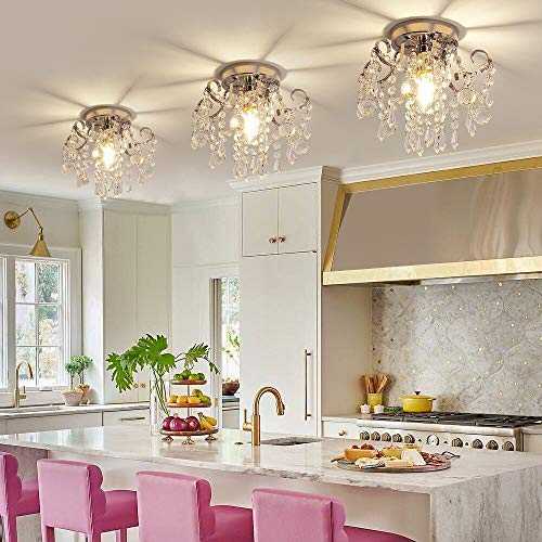 QS Q&S Small Crystal Chandelier Flush Mount Ceiling Light 3 Lights Modern Chrome Iron Raindrop Crystal Ceiling Fixture for Bedroom Hallway Closet Entryway Stairs - Image 2