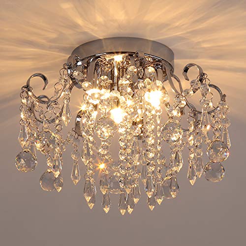 QS Q&S Small Crystal Chandelier Flush Mount Ceiling Light 3 Lights Modern Chrome Iron Raindrop Crystal Ceiling Fixture for Bedroom Hallway Closet Entryway Stairs - Image 1