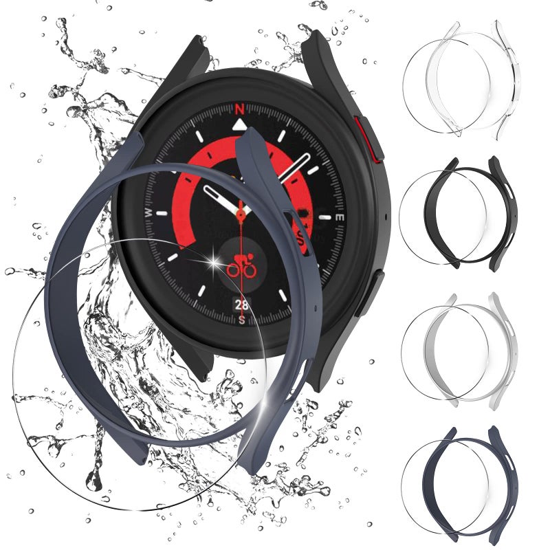 YMHML Samsung Galaxy Watch 5 Pro 45mm 4+4 Pack Screen Protector & Case, Tempered Glass & Hard PC Bumper, Black/Clear/Silver/Blue - Image 3