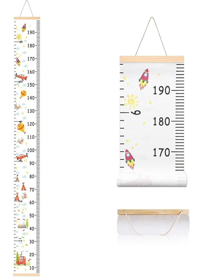The Bros Children's Growth Chart, Canvas Height Chart Ruler Removable Wooden Wall Ruler Measurement Chart for Home Decoration (Rocket) - Image 1