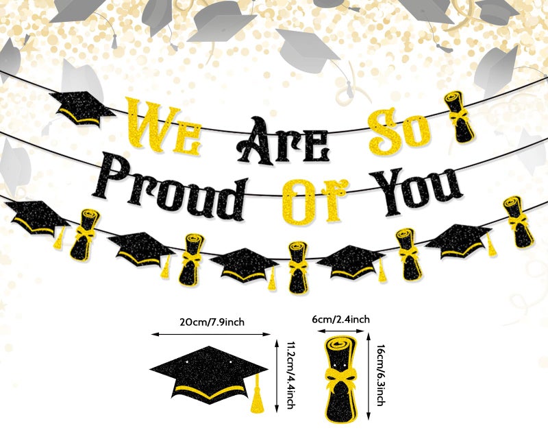 HEYINSHEN Graduation Decorations Banner Class of 2025 Black Gold Glitter We Are So Proud of You Banner Congrats Grad Graduation Hat Certificate Party Decor High School College Grad Party Favor Decorations Supplies - Image 2