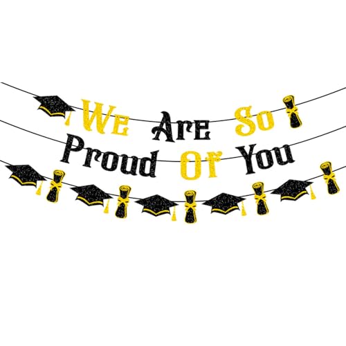 HEYINSHEN Graduation Decorations Banner Class of 2025 Black Gold Glitter We Are So Proud of You Banner Congrats Grad Graduation Hat Certificate Party Decor High School College Grad Party Favor Decorations Supplies - Image 1