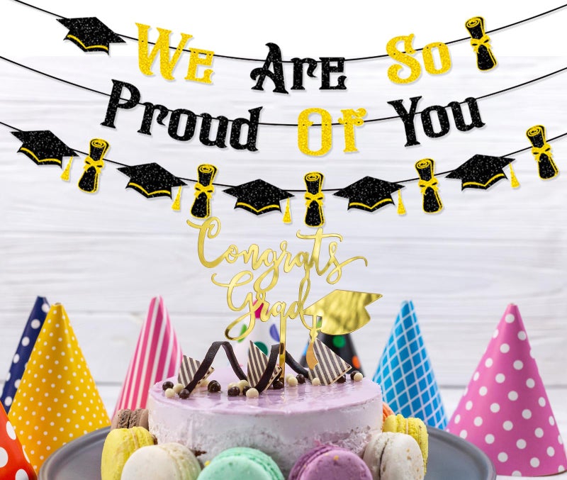 HEYINSHEN Graduation Decorations Banner Class of 2025 Black Gold Glitter We Are So Proud of You Banner Congrats Grad Graduation Hat Certificate Party Decor High School College Grad Party Favor Decorations Supplies - Image 5
