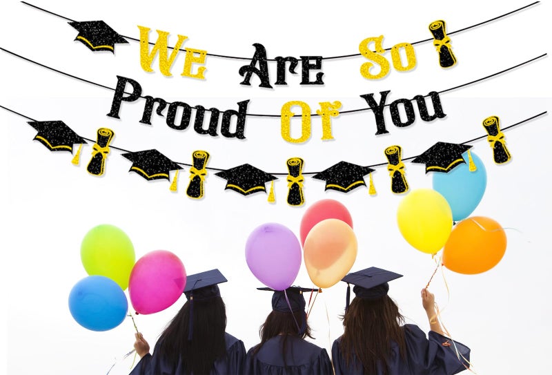 HEYINSHEN Graduation Decorations Banner Class of 2025 Black Gold Glitter We Are So Proud of You Banner Congrats Grad Graduation Hat Certificate Party Decor High School College Grad Party Favor Decorations Supplies - Image 4