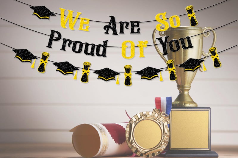 HEYINSHEN Graduation Decorations Banner Class of 2025 Black Gold Glitter We Are So Proud of You Banner Congrats Grad Graduation Hat Certificate Party Decor High School College Grad Party Favor Decorations Supplies - Image 3