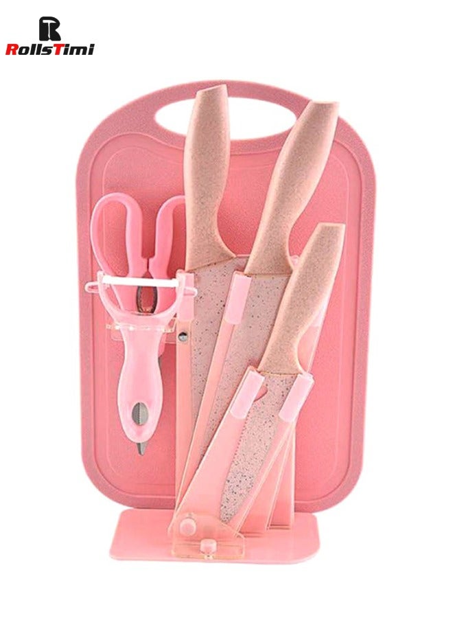 RollsTimi  7-Piece Wheat Straw Kitchen Knife With Cutting Board Set Pink  - Image 1