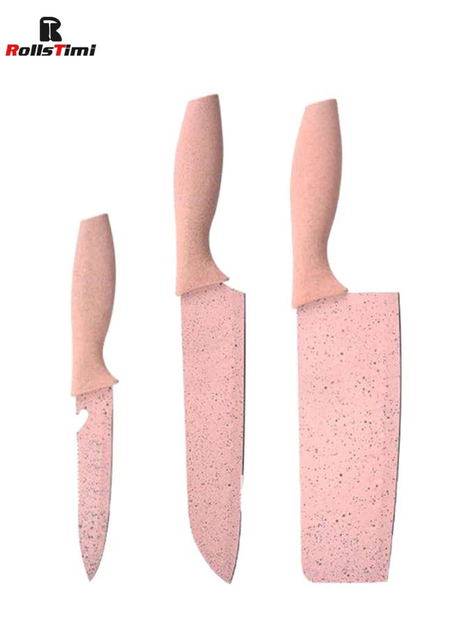 RollsTimi  7-Piece Wheat Straw Kitchen Knife With Cutting Board Set Pink  - Image 2