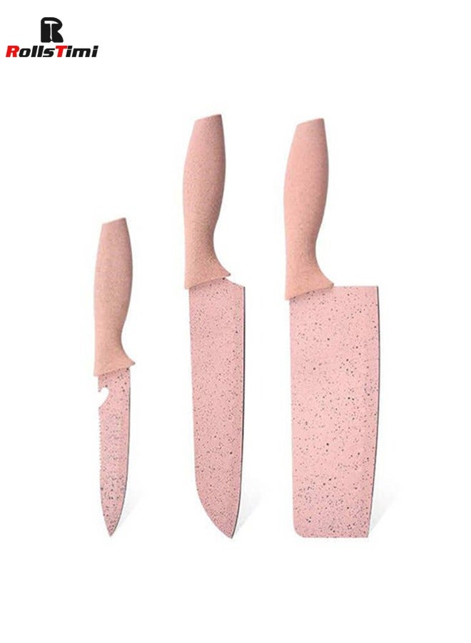 RollsTimi  7-Piece Wheat Straw Kitchen Knife With Cutting Board Set Pink  - Image 4