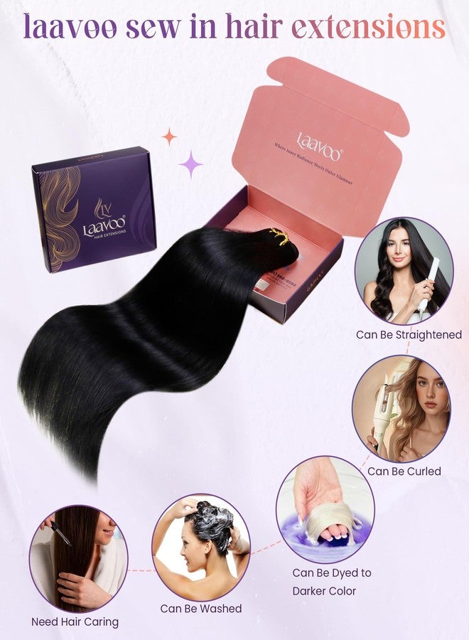 LaaVoo 28 Inch 140g Sew in Hair Extensions Real Human Hair Jet Black Weft Hair Extensions Long Straight for Women - Image 4
