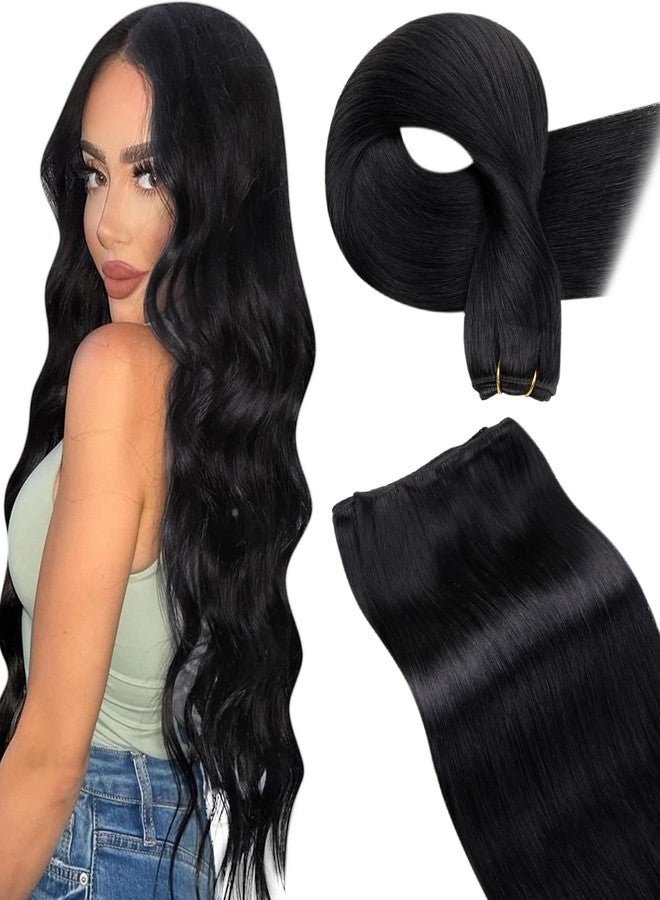 LaaVoo 28 Inch 140g Sew in Hair Extensions Real Human Hair Jet Black Weft Hair Extensions Long Straight for Women - Image 1