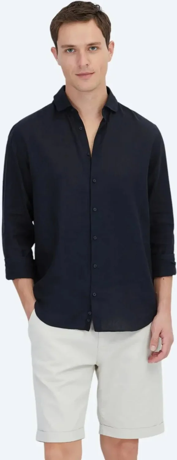 Kip Black Plain Woven Casual Cotton Blend Shirt