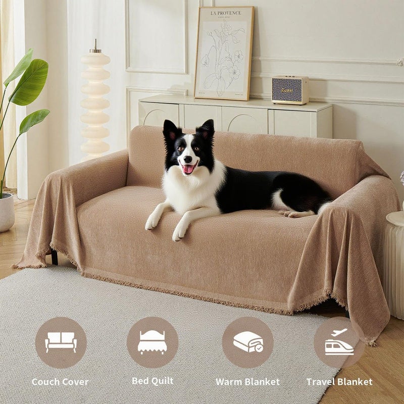 KaviKon Couch Cover for Dogs, Boho Sofa Covers for 3 Cushion Couch, Chenille Sofa Slipcover for Pets Washable, L-Shape Sectional Couch Loveseat Cover Soft Throw Blankets with Tassels(71x118,Khaki) - Image 4