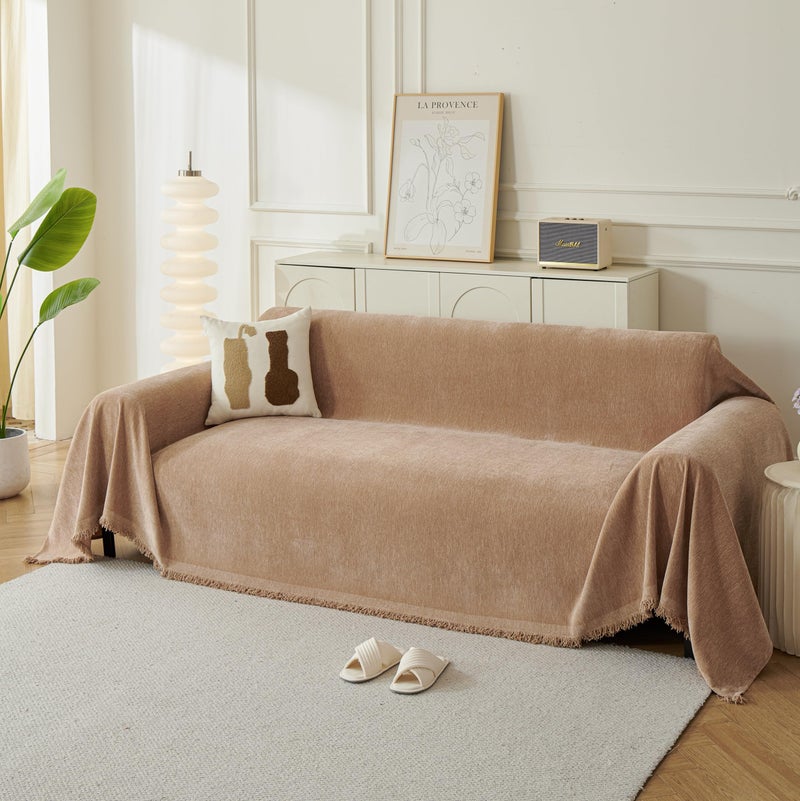 KaviKon Couch Cover for Dogs, Boho Sofa Covers for 3 Cushion Couch, Chenille Sofa Slipcover for Pets Washable, L-Shape Sectional Couch Loveseat Cover Soft Throw Blankets with Tassels(71x118,Khaki) - Image 1