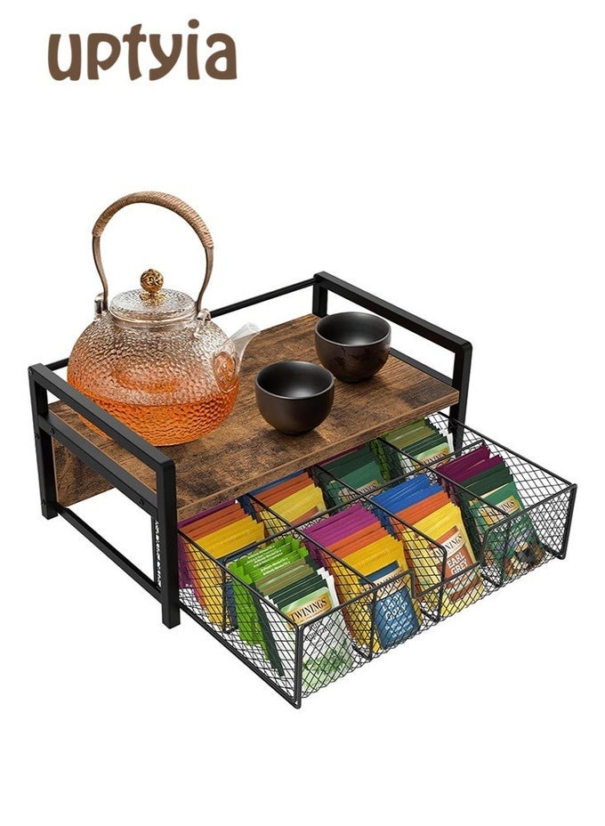 TEA BAG ORGANIZER, WOOD TEA ORGANIZERS AND STORAGE CHEST, TEABAG HOLDER WITH STORAGE DRAWER,TEA STATION CHEST DISPLAY CONTAINER BOX FOR COUNTERTOP KITCHEN, RUSTIC BROWN