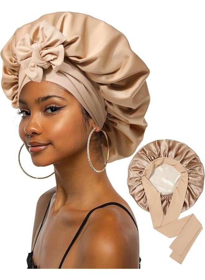 Generic Reversible Satin Bonnet for Sleeping Women Double Layer Hair Bonnet with 2PCS Hair Scrunchies Elastic Tie Band Night Cap-Beige