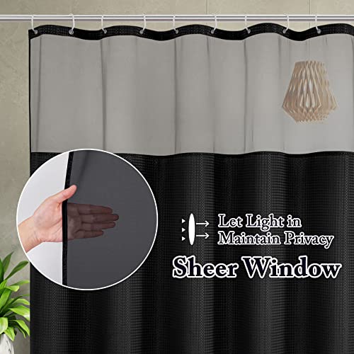 Gibelle Waffle Weave Shower Curtain with Mesh Top Window and Hooks Set, Spa Like Hotel Style Fabric Shower Curtain for Bathroom, Black, 72x72 - Image 2