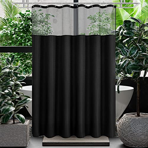 Gibelle Waffle Weave Shower Curtain with Mesh Top Window and Hooks Set, Spa Like Hotel Style Fabric Shower Curtain for Bathroom, Black, 72x72 - Image 1