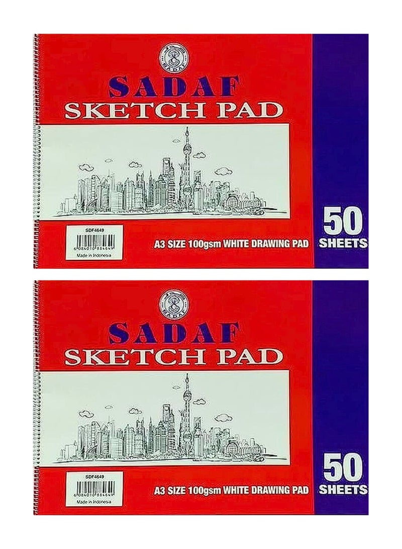 Sadaf Spiral Sketch Pad, A3 Size, White 100 gsm 50 Sheets (Pack of 2) - Image 1
