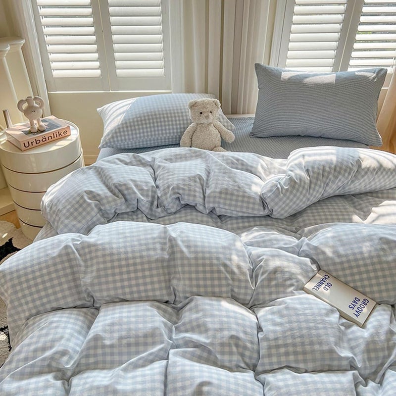 Nayoroom Gingham Duvet Cover King Size Blue White Plaid Checkered Comforter Cover 3 Pcs Soft Breathable Washed Microfiber Grid Farmhouse Bedding Set with Pillow Shams - Image 3