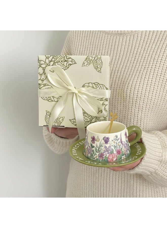 AceLuste Vintage Ceramic Coffee Cup and Saucer Gift Set, 300ml Large Capacity Coffee Cup Set with Gift Box, Saucer & Spoon, Elegant Floral Hand-Painted Design, Perfect for Coffee，Tea and Espresso Lovers, Best Gift for Family and Friends Any Occasions - Image 1
