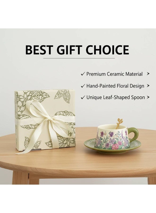 AceLuste Vintage Ceramic Coffee Cup and Saucer Gift Set, 300ml Large Capacity Coffee Cup Set with Gift Box, Saucer & Spoon, Elegant Floral Hand-Painted Design, Perfect for Coffee，Tea and Espresso Lovers, Best Gift for Family and Friends Any Occasions - Image 3