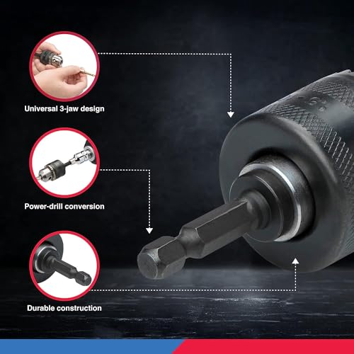NEIKO 20754A 3/8” Drill Chuck Adapter | Chuck Drill for Impact Drivers with 1/4 Inch Quick Change Shank | Drill Converter Includes 1/2-Inch Adapter for Impact Guns | Hex to Chuck Drill Bit Adapter - Image 4