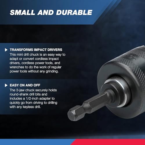 NEIKO 20754A 3/8” Drill Chuck Adapter | Chuck Drill for Impact Drivers with 1/4 Inch Quick Change Shank | Drill Converter Includes 1/2-Inch Adapter for Impact Guns | Hex to Chuck Drill Bit Adapter - Image 2