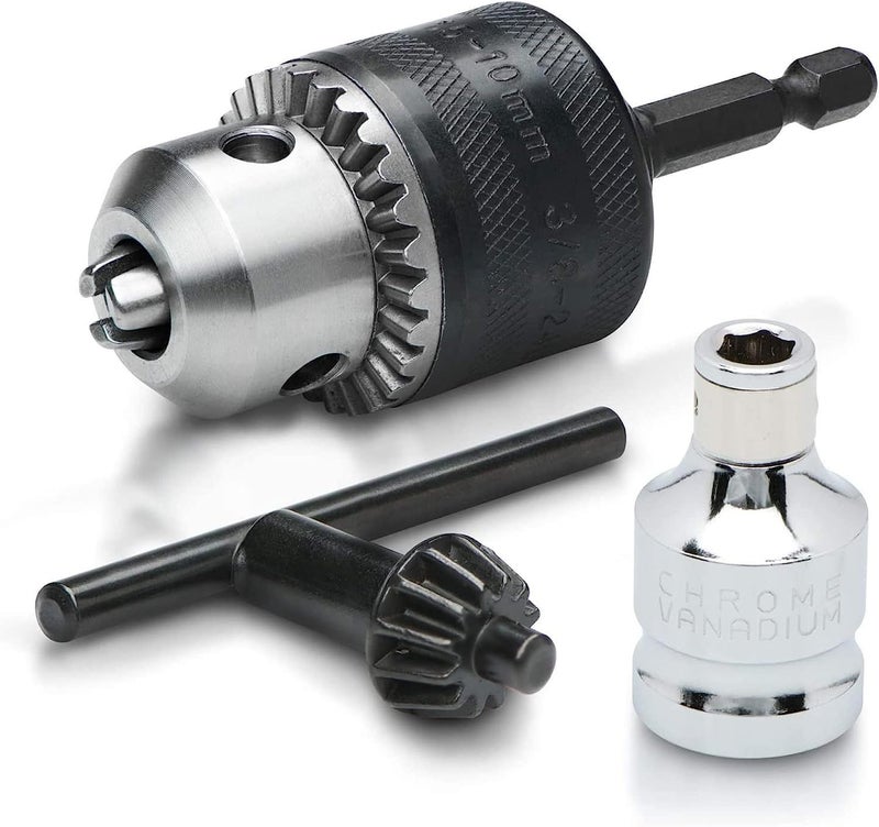 NEIKO 20754A 3/8” Drill Chuck Adapter | Chuck Drill for Impact Drivers with 1/4 Inch Quick Change Shank | Drill Converter Includes 1/2-Inch Adapter for Impact Guns | Hex to Chuck Drill Bit Adapter - Image 1