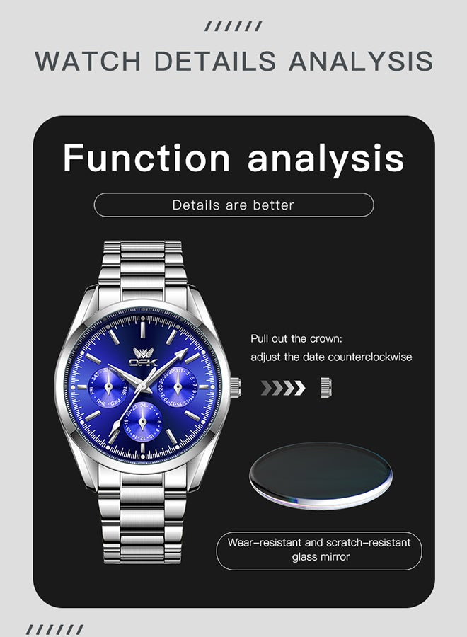 OPK Watches, Fashionable and Casual Men's Watch, Luminous Waterproof Quartz Watch, Men's Watch, 6024, Blue Dial - Image 4