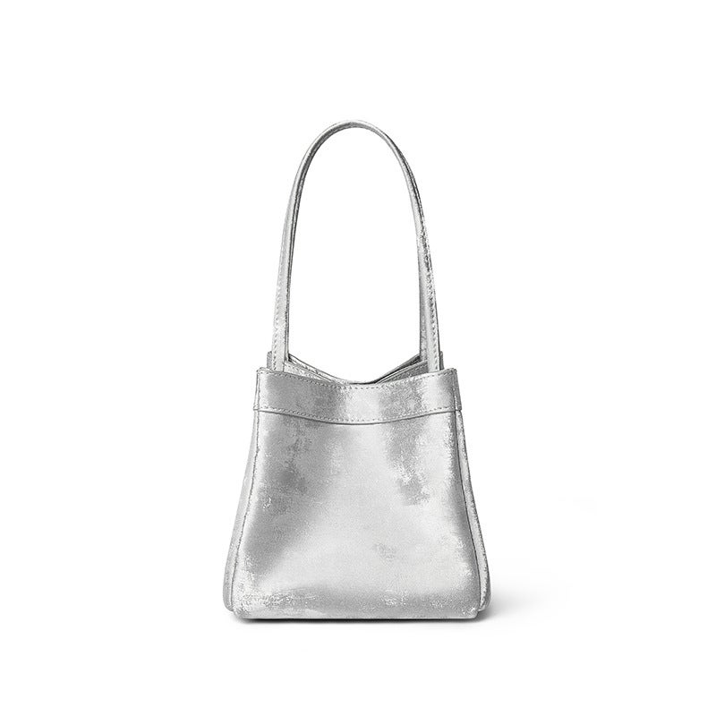 New Chinese Style National Style Vegetable Basket Bag Satin Genuine Leather Small Square Bag Large Capacity Niche Portable Bucket Bag Shoulder Crossbody Bag - Image 1