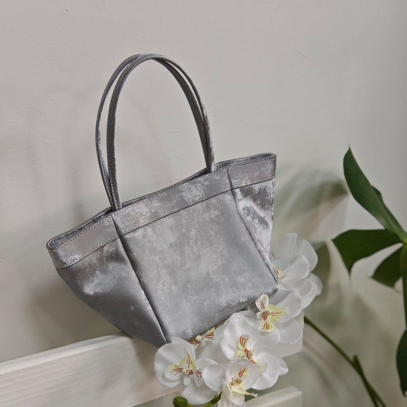 New Chinese Style National Style Vegetable Basket Bag Satin Genuine Leather Small Square Bag Large Capacity Niche Portable Bucket Bag Shoulder Crossbody Bag - Image 2
