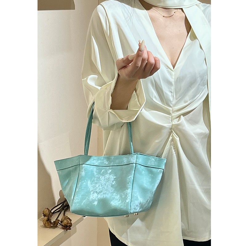 New Chinese Style National Style Vegetable Basket Bag Satin Genuine Leather Small Square Bag Large Capacity Niche Portable Bucket Bag Shoulder Crossbody Bag - Image 4