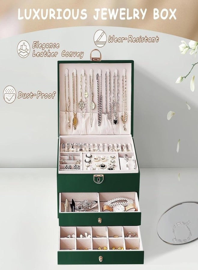 Sprqcart صندوق مجوهرات Sprqcart للنساء والفتيات، علبة تخزين منظمة من الجلد الصناعي بثلاث طبقات مع أقسام للأقراط والخواتم والأساور والقلائد والساعات | صندوق عرض للسفر، فكرة هدية - Image 3