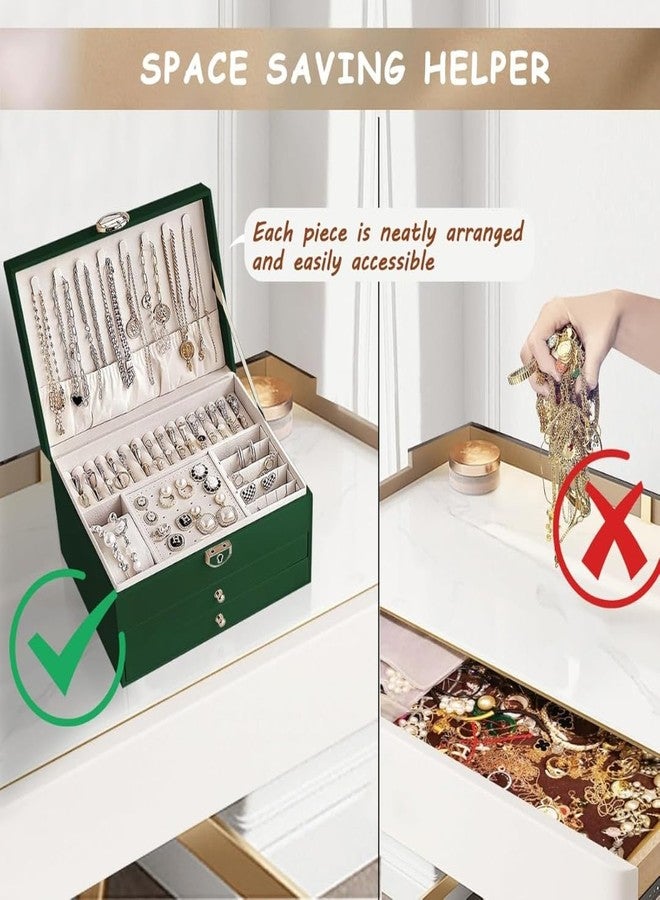 Sprqcart صندوق مجوهرات Sprqcart للنساء والفتيات، علبة تخزين منظمة من الجلد الصناعي بثلاث طبقات مع أقسام للأقراط والخواتم والأساور والقلائد والساعات | صندوق عرض للسفر، فكرة هدية - Image 4