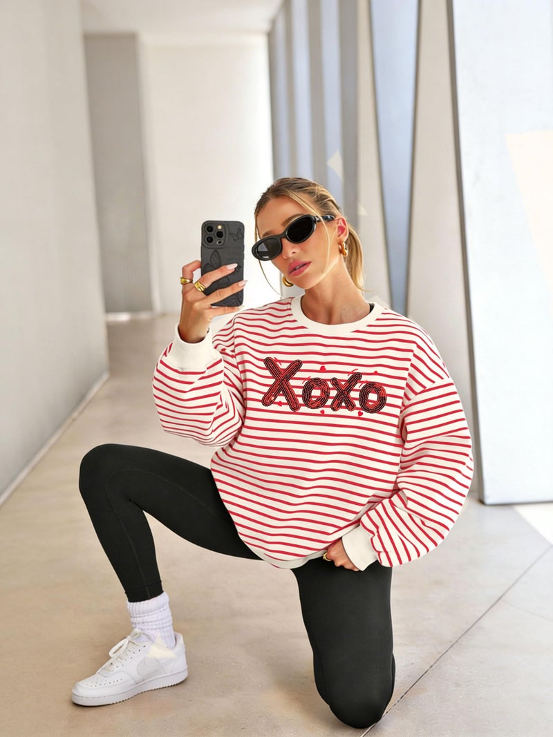FASHGL Valentines Sweatshirt Women Love Heart Print Shirt Valentine Sweater Casual Striped Pullover Blouse Long Sleeve Top Red - Image 4
