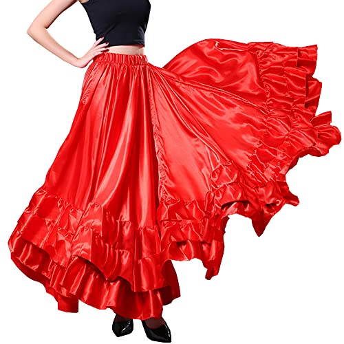 Backgarden Elegant Satin 20 Yard Adult Ruffles Layers Dance Skirt for Flamenco Folklorico Mexican Belly Dance (Red) One Size - Image 1