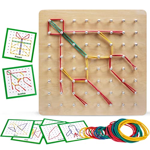 Kizh Wooden Geoboard Math Manipulative Material Graphical Geo Board Montessori Educational Toys Array Block Pattern Cards and Rubber Bands STEM Puzzle Matrix 8x8 Brain Teaser Toys - Image 1