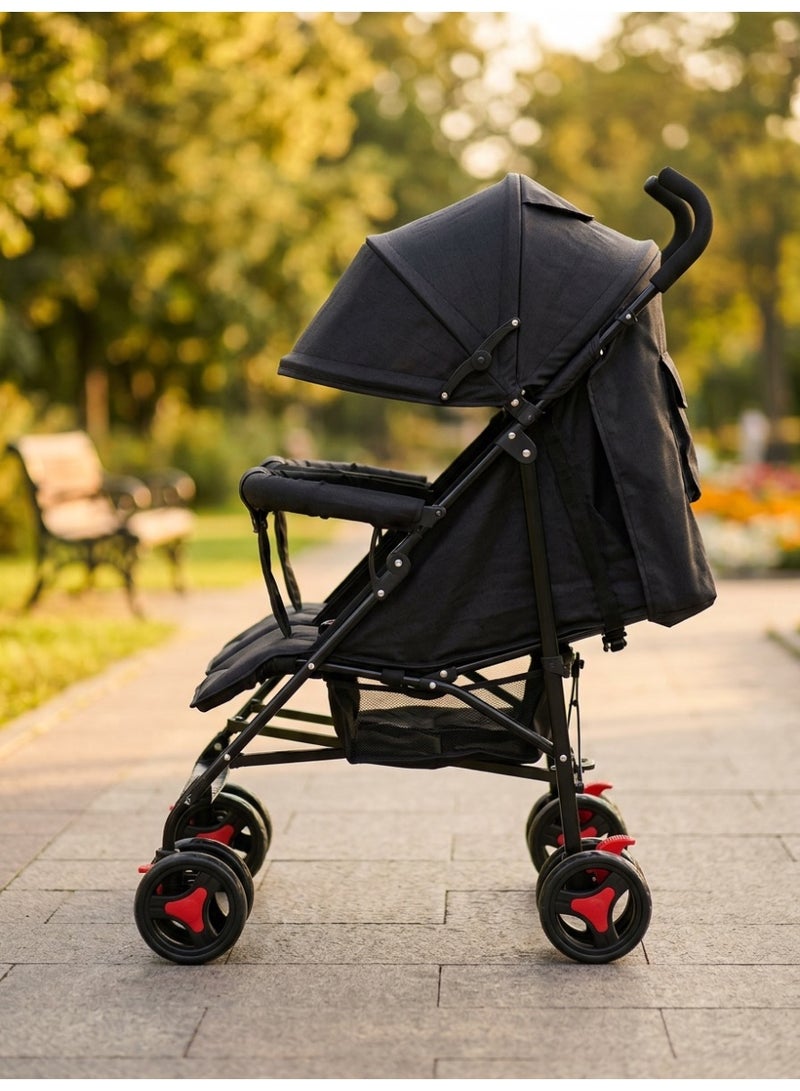 Star Kids Deluxe twin stroller with two independent seats, foldable design, lightweight metal frame, two wide adjustable canopies, two footrests, and comfortable handles for everyday use, travel, and outings. - Image 2
