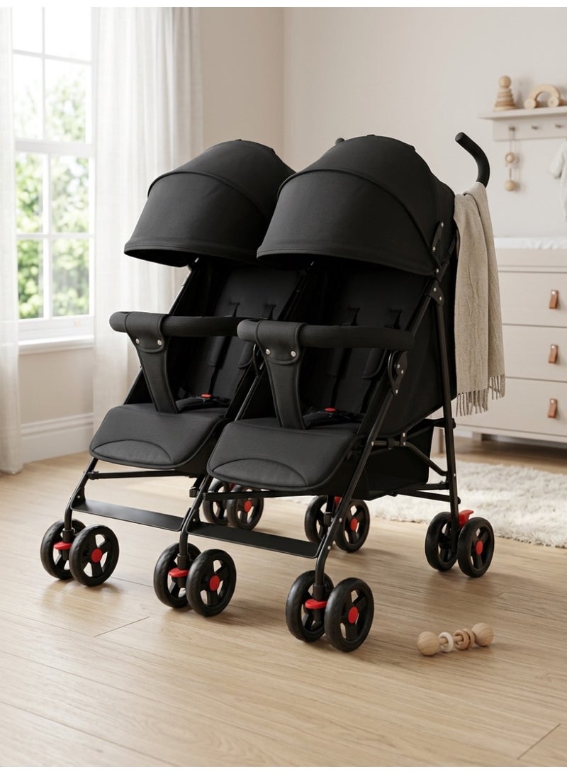 Star Kids Deluxe twin stroller with two independent seats, foldable design, lightweight metal frame, two wide adjustable canopies, two footrests, and comfortable handles for everyday use, travel, and outings. - Image 1