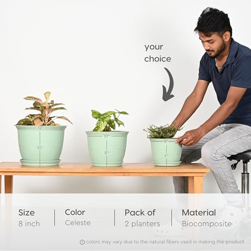 Eha Earth-Friendly 8" Leafy Planters with Tray | Set of 2 | Bamboo Fiber | UV Protected | Drainage Hole | Pots for Indoor, Outdoor, Balcony & Garden | Celeste - Image 2