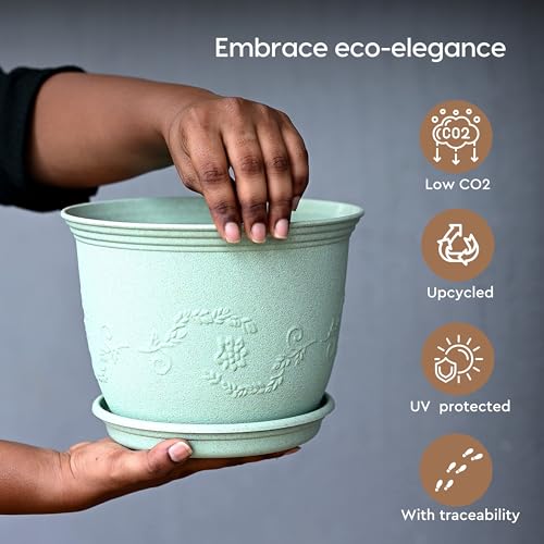 Eha Earth-Friendly 8" Leafy Planters with Tray | Set of 2 | Bamboo Fiber | UV Protected | Drainage Hole | Pots for Indoor, Outdoor, Balcony & Garden | Celeste - Image 4