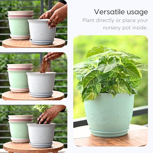 Eha Earth-Friendly 8" Leafy Planters with Tray | Set of 2 | Bamboo Fiber | UV Protected | Drainage Hole | Pots for Indoor, Outdoor, Balcony & Garden | Celeste - Image 5