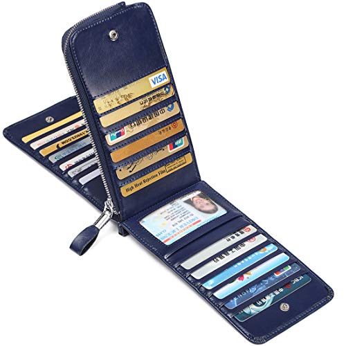 JEEBURYEE Women's Oil Wax Real Leather Multi Credit Card Holder Wallet RFID Blocking Long Bifold Clutch Wallet Ladies Purse with Zipper Pocket Blue - Image 2