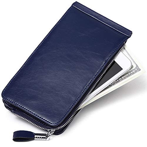 JEEBURYEE Women's Oil Wax Real Leather Multi Credit Card Holder Wallet RFID Blocking Long Bifold Clutch Wallet Ladies Purse with Zipper Pocket Blue - Image 4