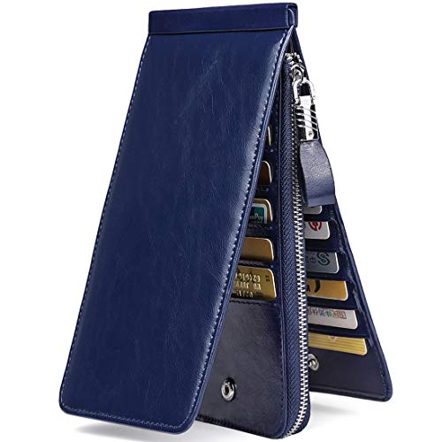JEEBURYEE Women's Oil Wax Real Leather Multi Credit Card Holder Wallet RFID Blocking Long Bifold Clutch Wallet Ladies Purse with Zipper Pocket Blue - Image 1