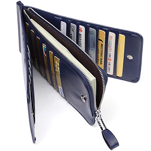 JEEBURYEE Women's Oil Wax Real Leather Multi Credit Card Holder Wallet RFID Blocking Long Bifold Clutch Wallet Ladies Purse with Zipper Pocket Blue - Image 3