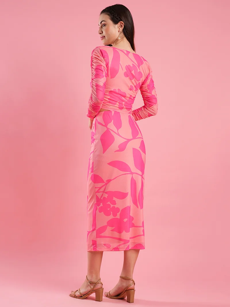 globus Women Floral Printed Square Neck Crop Top With Pencil Skirt