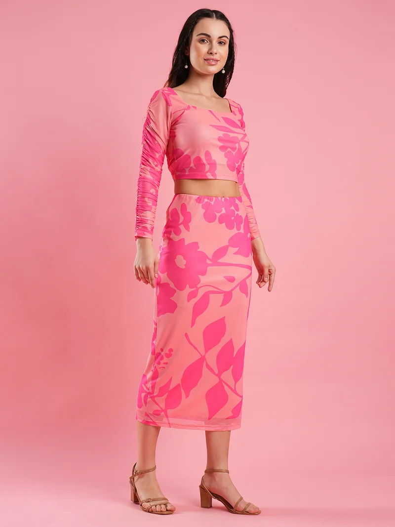 globus Women Floral Printed Square Neck Crop Top With Pencil Skirt